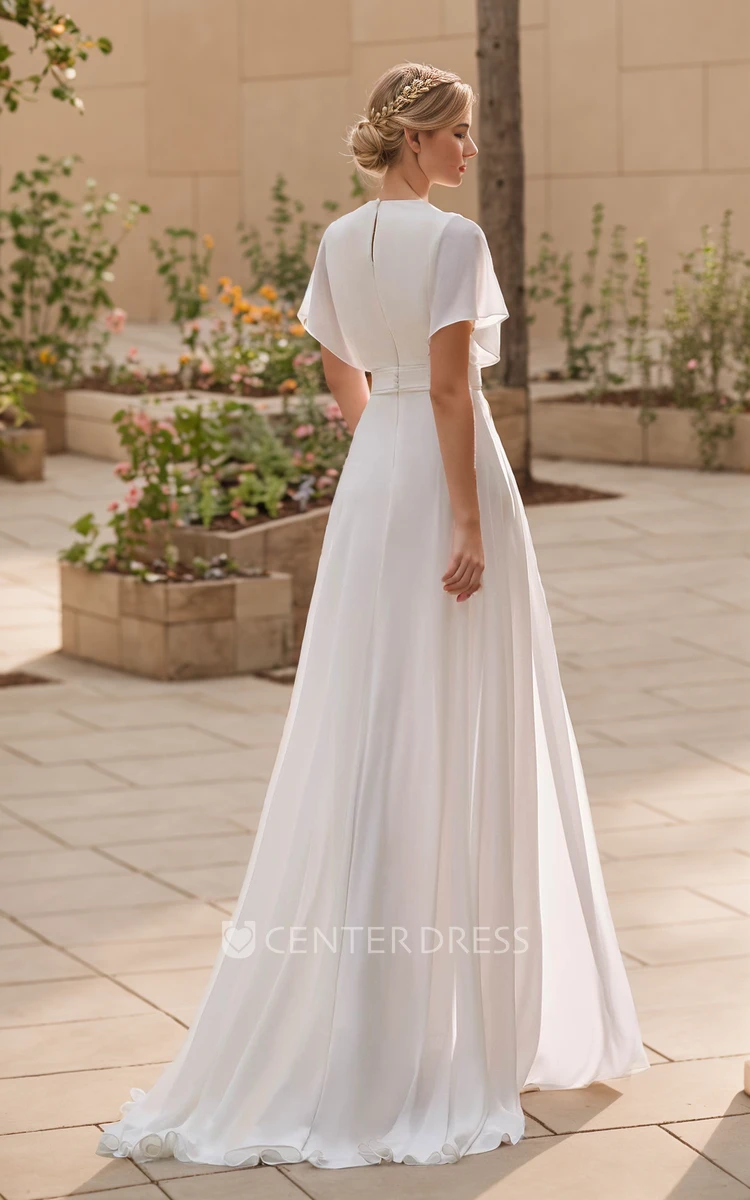 Simple Elegant Short Bell Sleeve Maxi Sheath Jumpsuit Wedding Dress Formal Chic Closed Back Love Conquers All Civil Bridal Gown