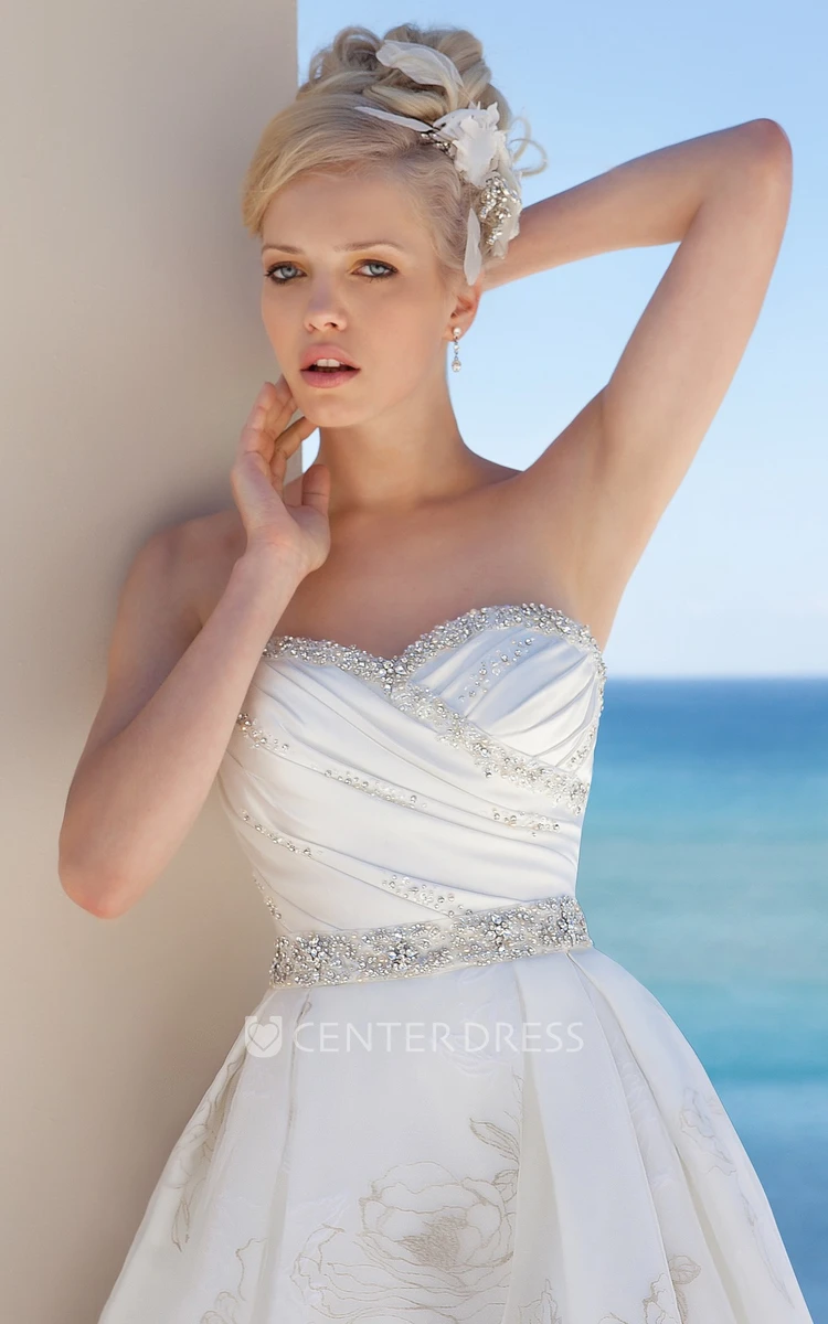 A-Line Criss-Cross Floor-Length Sleeveless Sweetheart Satin Wedding Dress With Beading And Waist Jewellery