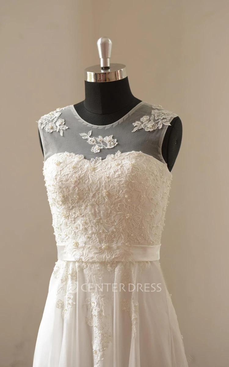 Jewel Neck Chiffon and Lace Bridal Gown With Pearls and Pleats
