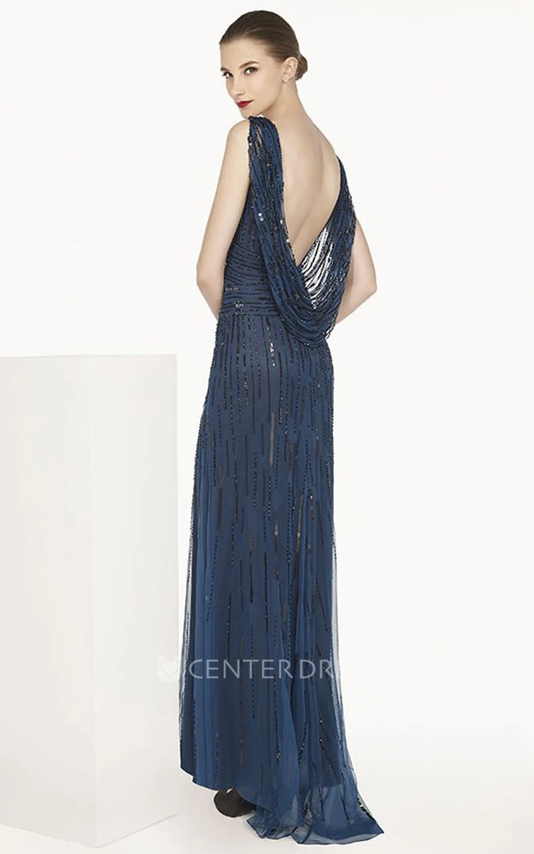 Bateau Tulle Long Prom Dress With Sequins And Cowl Open Back