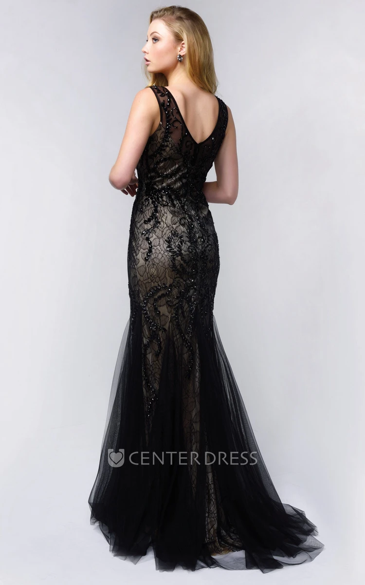 Mermaid Scoop-Neck Sleeveless Tulle Lace Low-V Back Dress With Beading