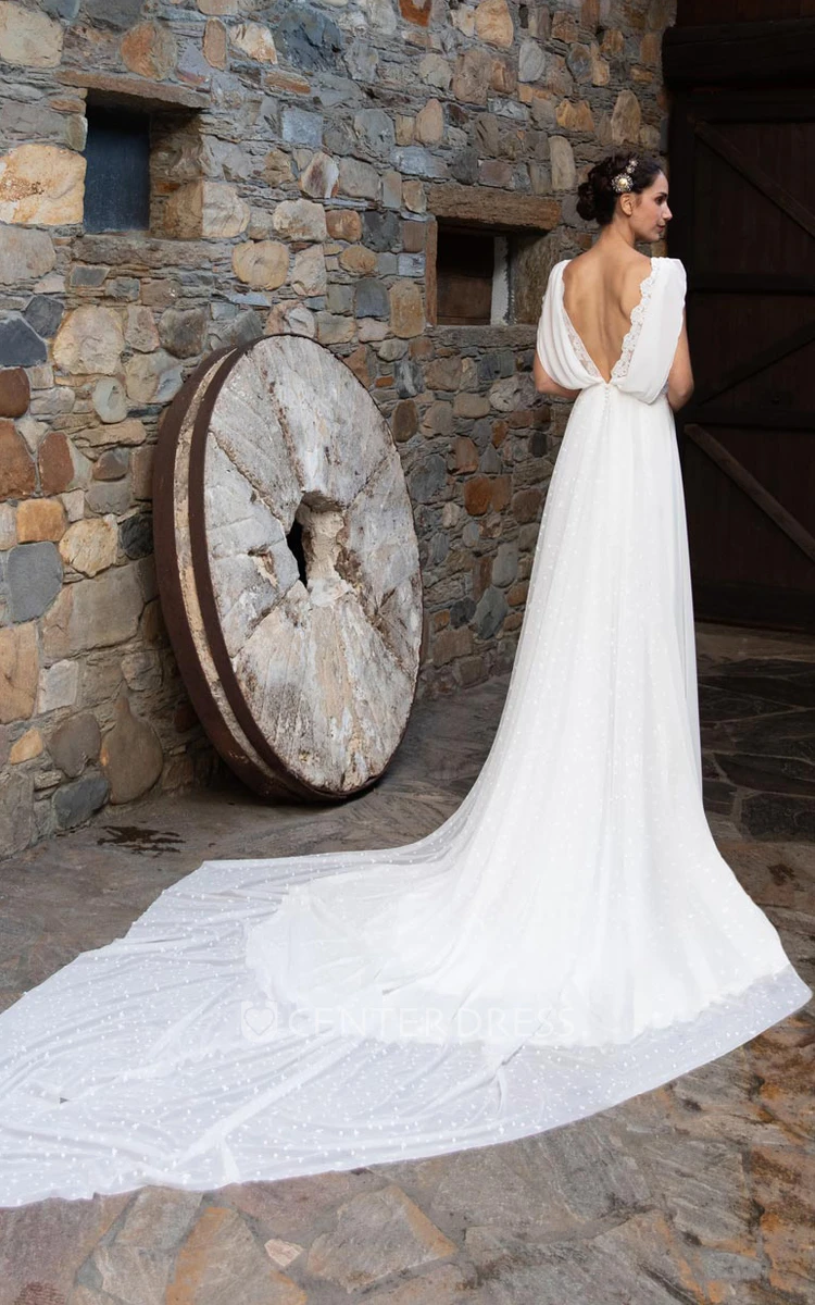 Bohemian Satin A-Line Wedding Dress with Lace Back and Bateau Neck