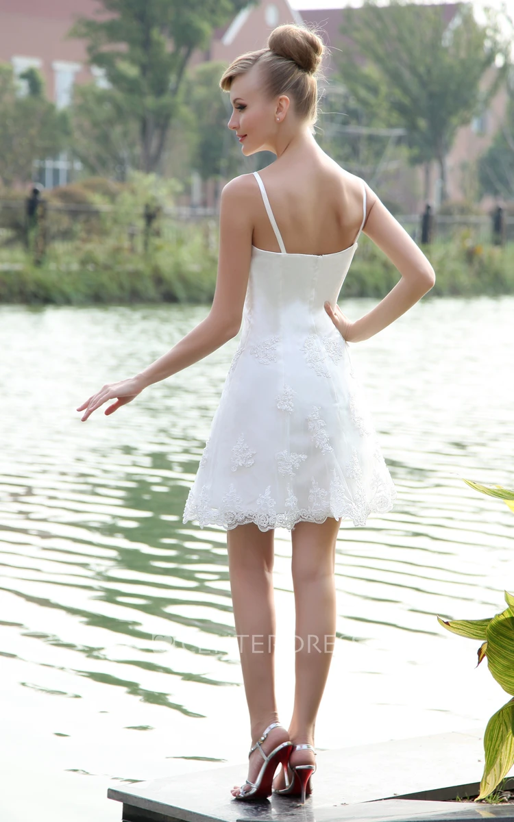 Cute Spaghetti Straps Short Lace Wedding Dress With Lace Jacket
