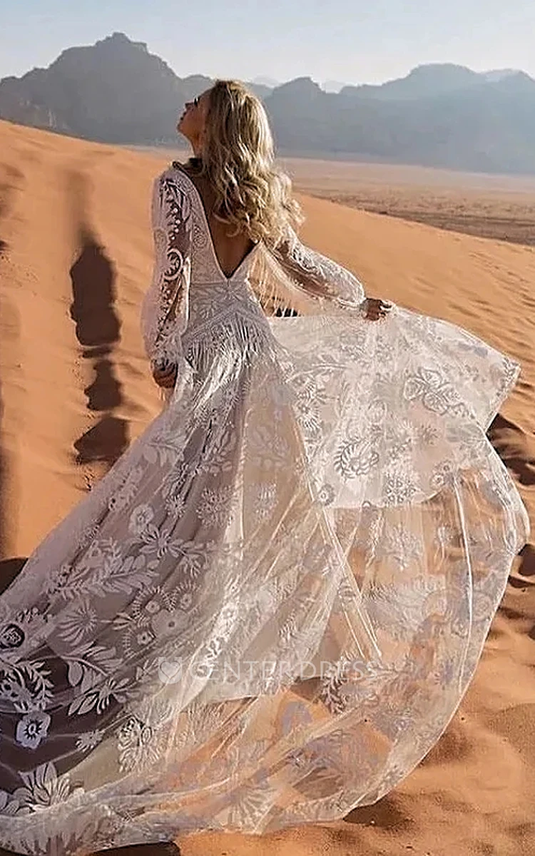 Boho Warm Wedding Gown Full Body Applique Long Sleeve Lace Bridal Dress with Fringe