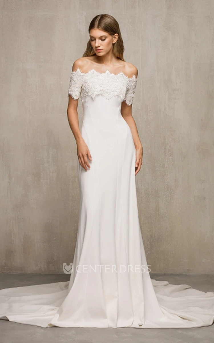 Casual Mermaid Charmeuse Off-the-shoulder Wedding Dress With Short Sleeve And Zipper Back