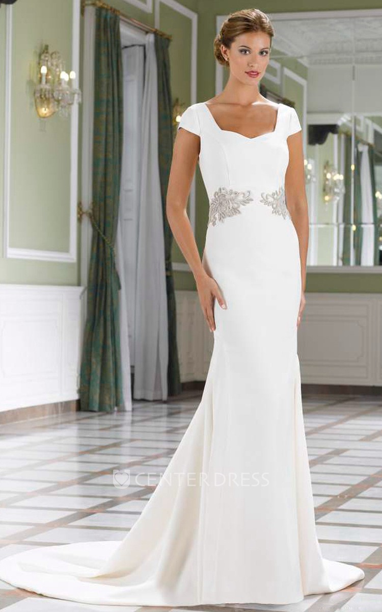 Sheath Short Sleeve Square Neck Satin Wedding Dress UCenter Dress