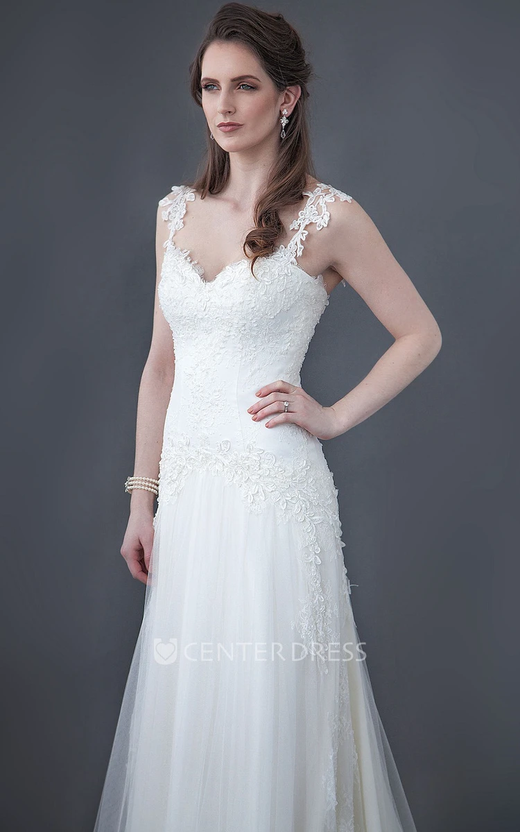 A-Line Appliqued Sleeveless Floor-Length Spaghetti Lace&Tulle Wedding Dress With Low-V Back And Brush Train