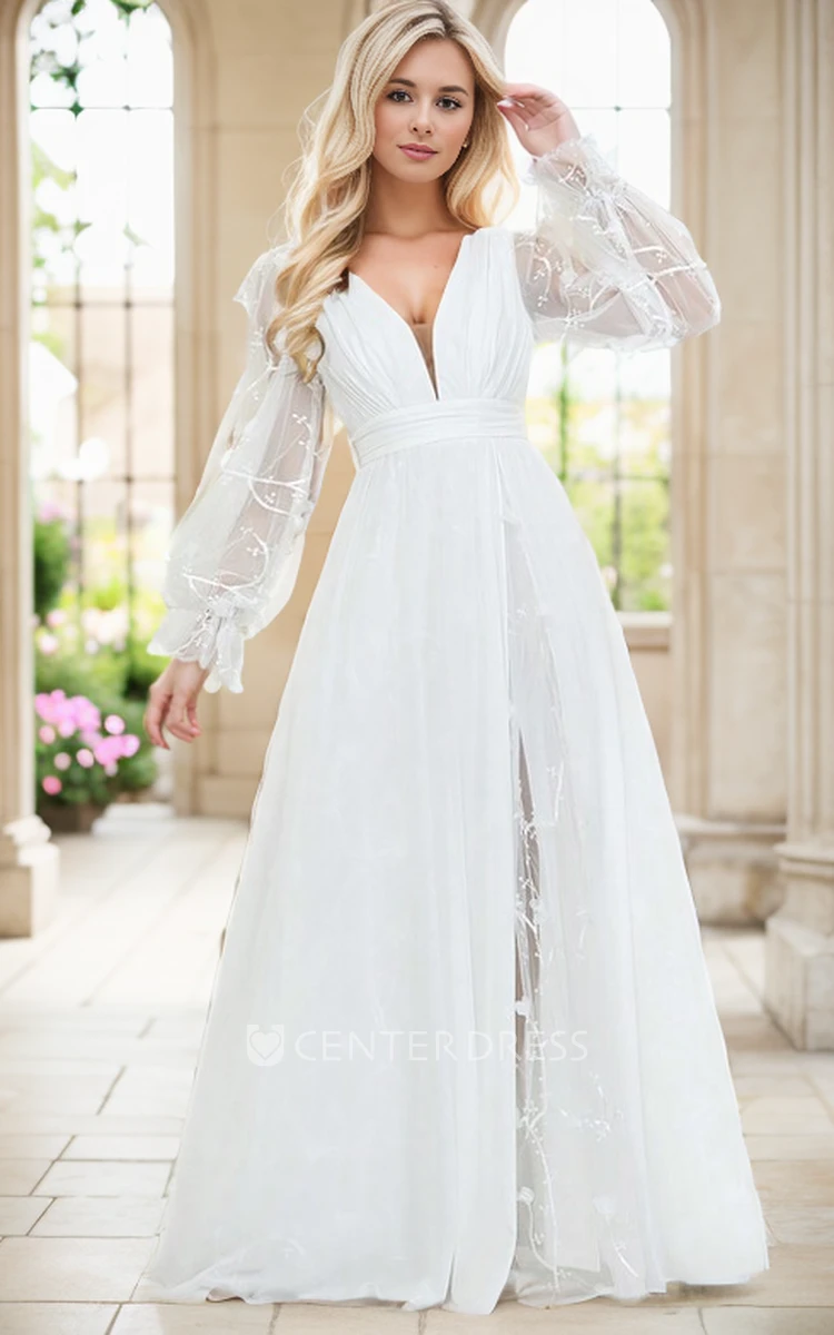 A-Line Elegant Satin V-Neck Tulle Long Sleeve Boho Beach Gown Split Front Wedding Dress