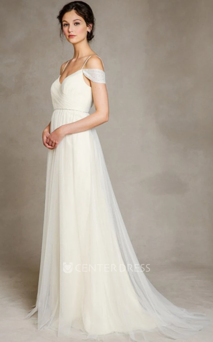 A-Line Jeweled Floor-Length Spaghetti Tulle Wedding Dress With Pleats