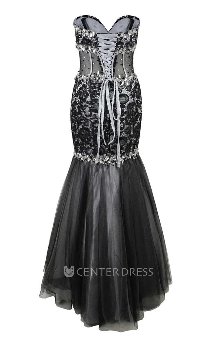 Mermaid Maxi Sleeveless Sweetheart Beaded Tulle&Satin Prom Dress With Lace