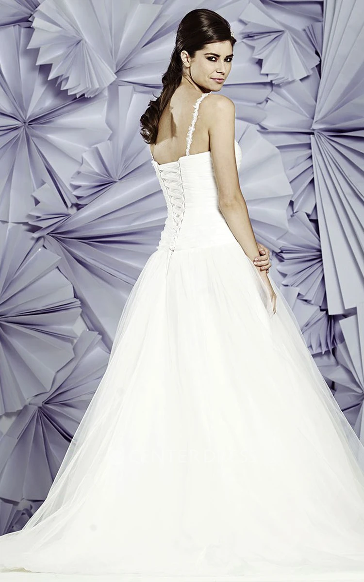 Ball Gown Floor-Length Ruched Sleeveless Spaghetti Tulle Wedding Dress With Appliques