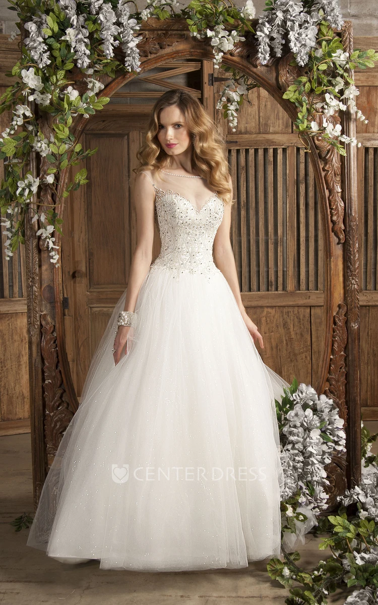 Ball Gown Bateau Neck Sleeveless Appliqued Tulle Wedding Dress