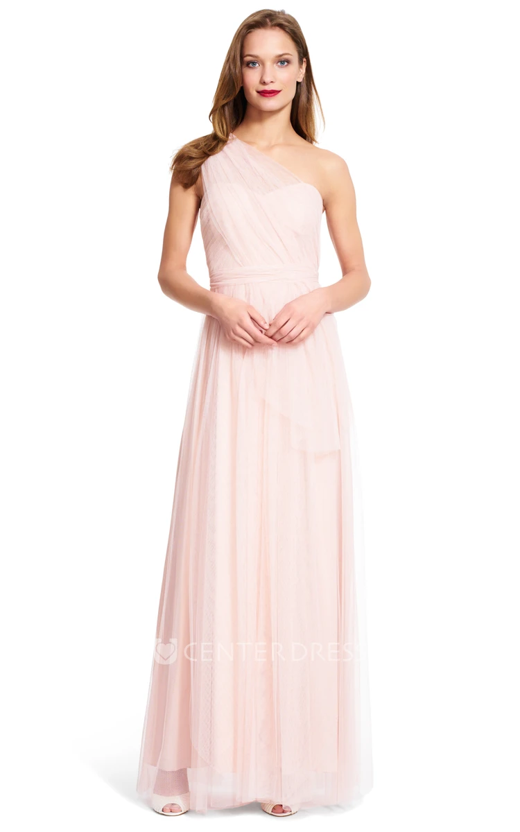 Sheath Strapped Maxi Sleeveless Tulle Bridesmaid Dress With Ruching And Zipper