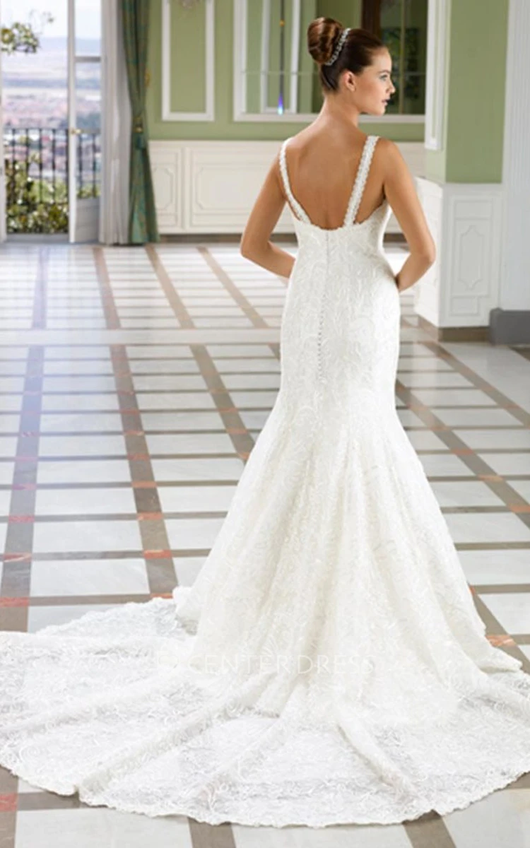 Sheath Maxi Caped Sleeveless Lace Wedding Dress With Court Train And Low-V Back