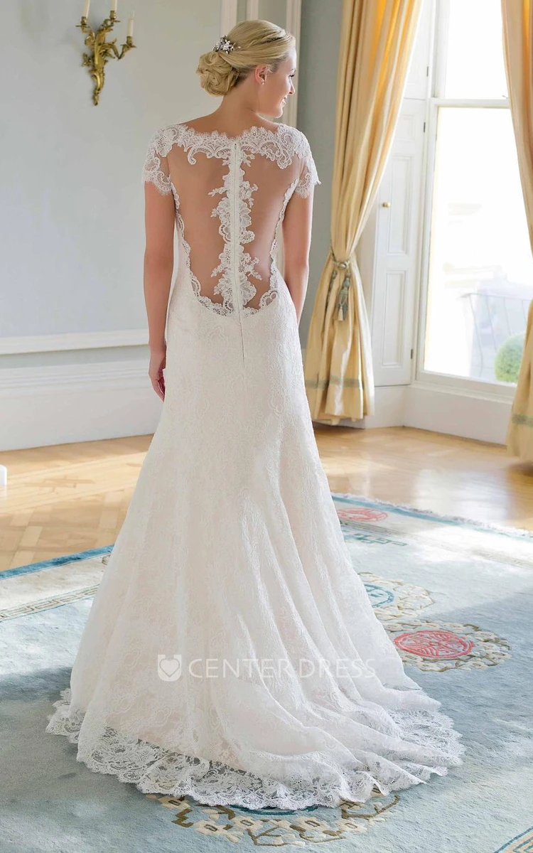 Sheath Cap-Sleeve Jewel-Neck Lace Wedding Dress With Illusion
