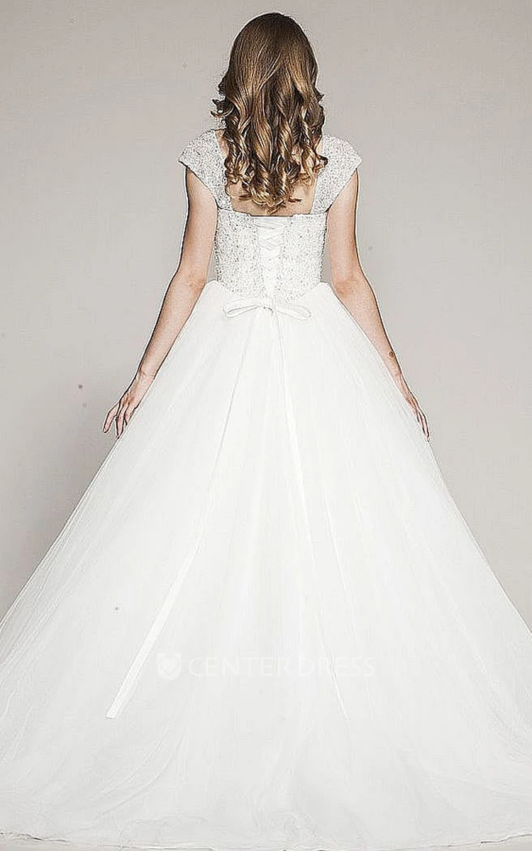 Ball Gown Cap-Sleeve Floor-Length Tulle Wedding Dress With Beading And Corset Back