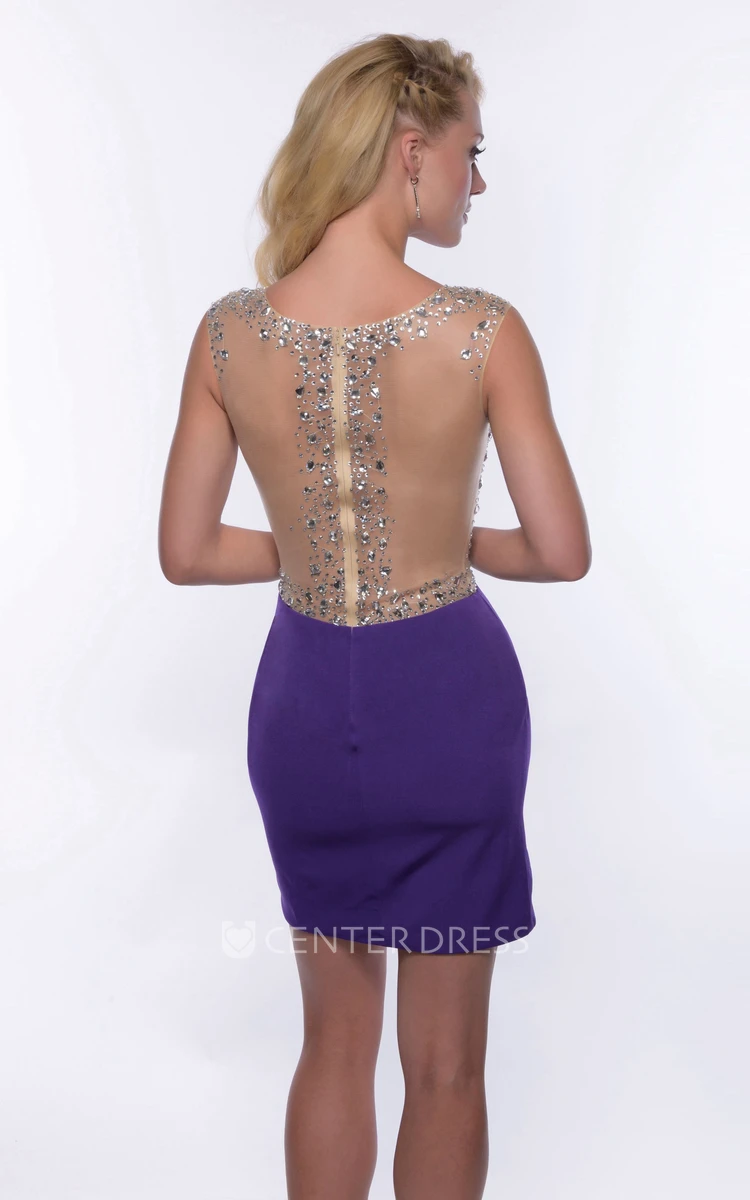 Illusion Back Short Sheath Homecoming Dress With Scoop Neck And Shining Detailing