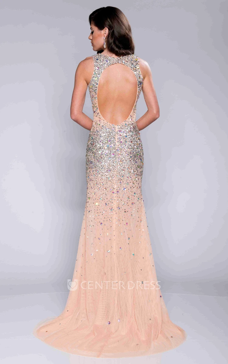 Front Slit Sleeveless Sequined Long Prom Dress With V-Neck