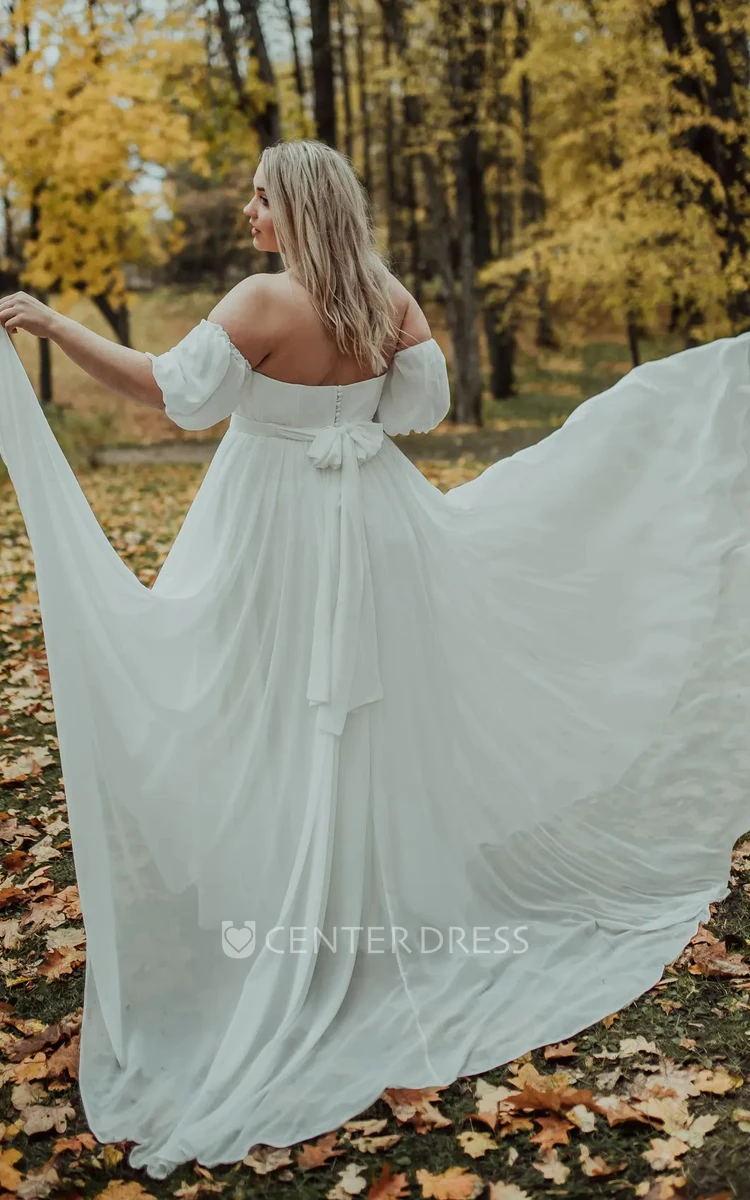 Elegant Chiffon Off-the-shoulder Pull A Line Wedding Dress with Bow