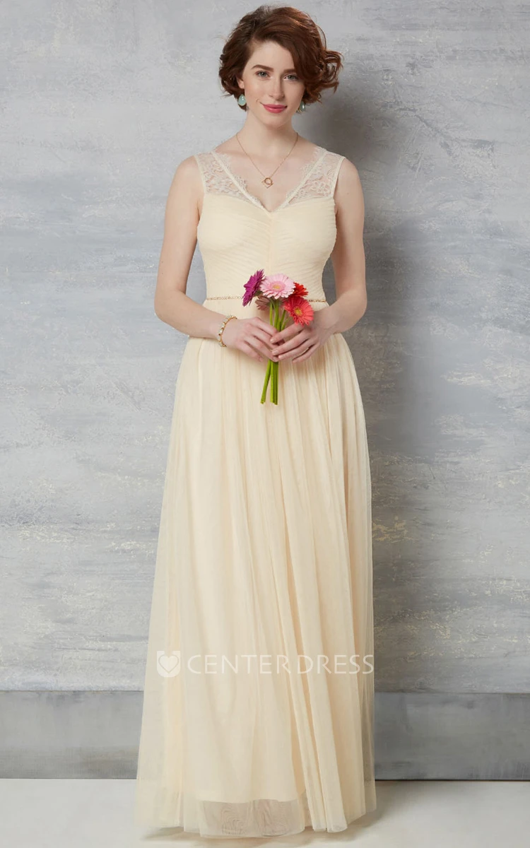 V-Neck Sleeveless Floor-Length Ruched Chiffon Wedding Dress With Lace And Pleats