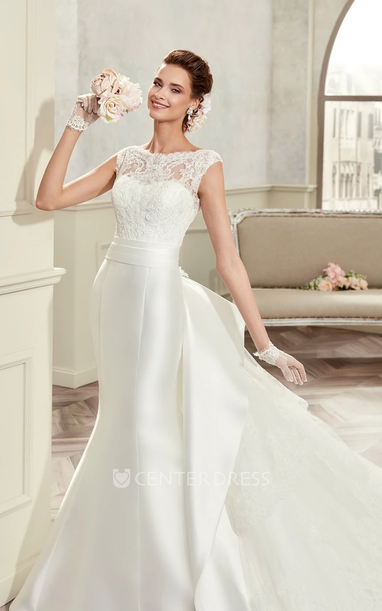 Jewel-Neck Cap Sleeve Satin Bridal Gown With Detachable Train And Back Bow