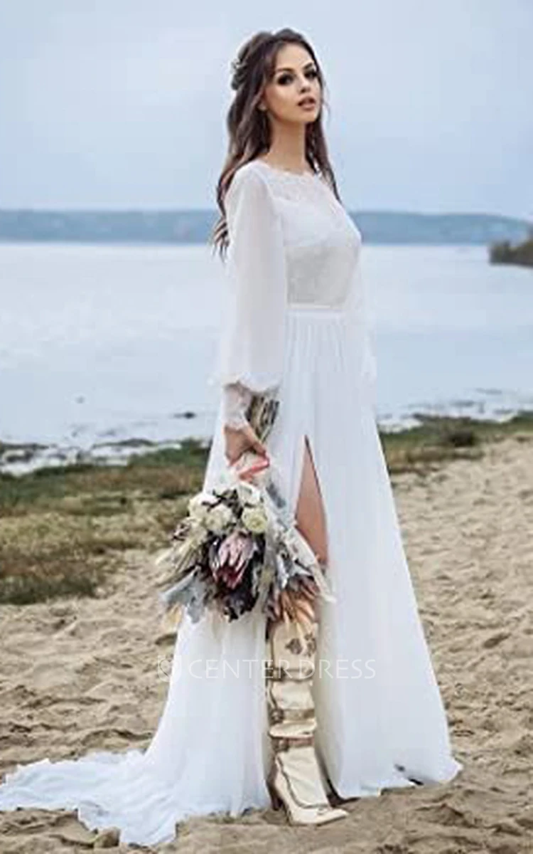 Simple A-Line Chiffon Wedding Dress with Appliques for Country Garden and Keyhole Back
