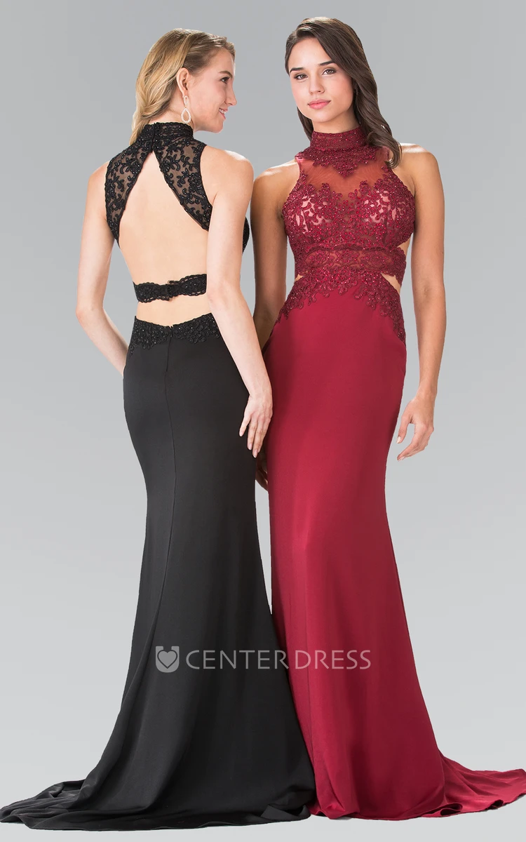 Sheath Long High Neck Sleeveless Jersey Backless Dress With Beading And Appliques