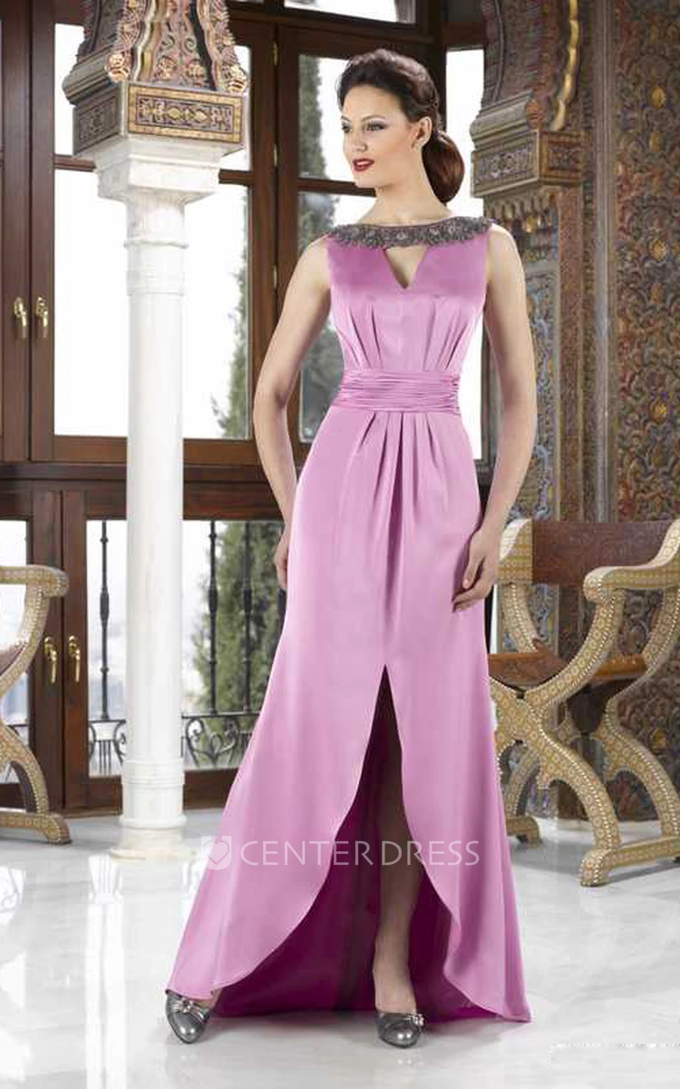 Maxi Split-Front Jewel Neck Satin Mother Of The Bride Dress With Cape And Beading