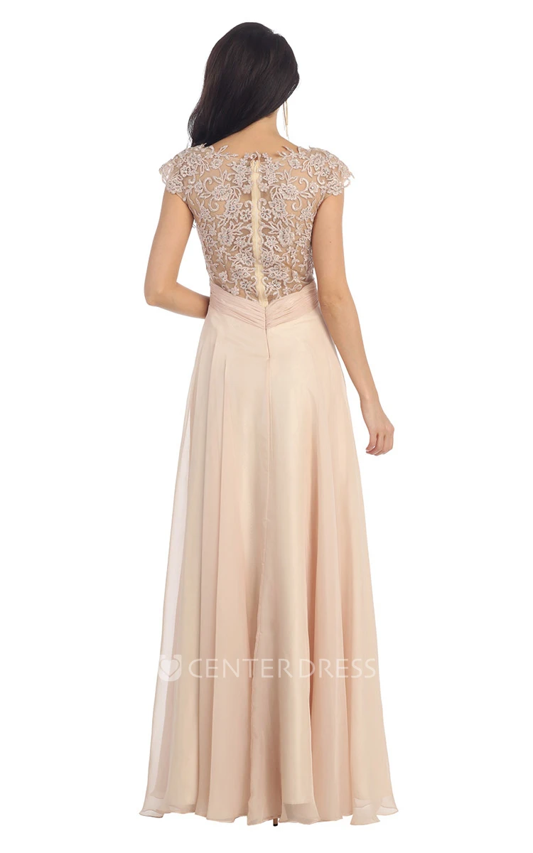 A-Line Bateau Cap-Sleeve Chiffon Illusion Dress With Criss Cross And Embroidery