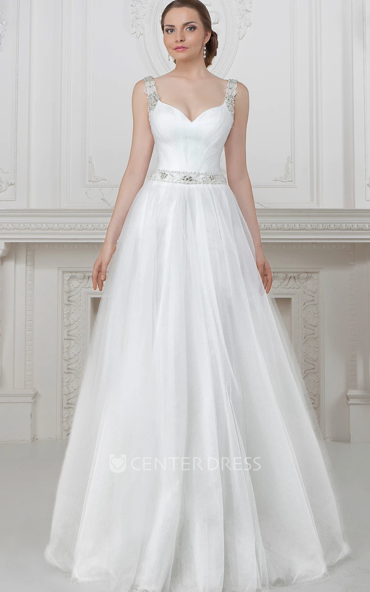 A-Line Sleeveless Floor-Length Beaded Tulle Wedding Dress With Waist Jewellery And Pleats