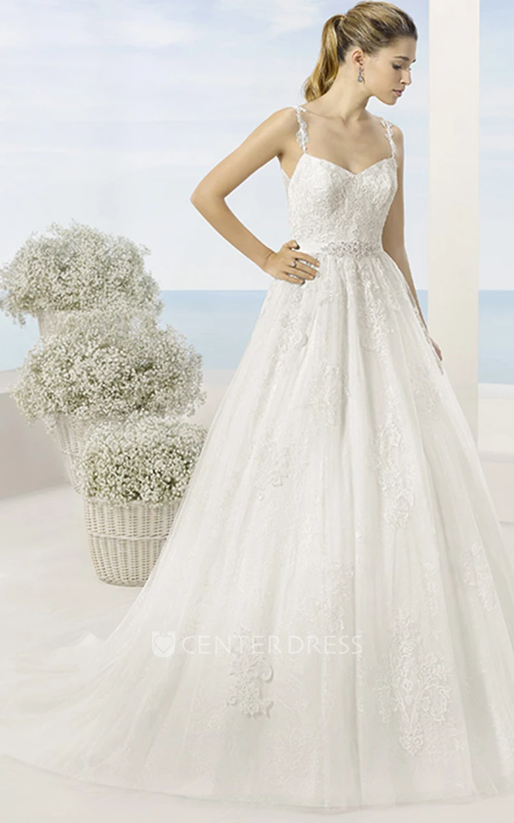 A-Line Sleeveless Floor-Length Spaghetti Appliqued Tulle Wedding Dress With Waist Jewellery And Illusion Back