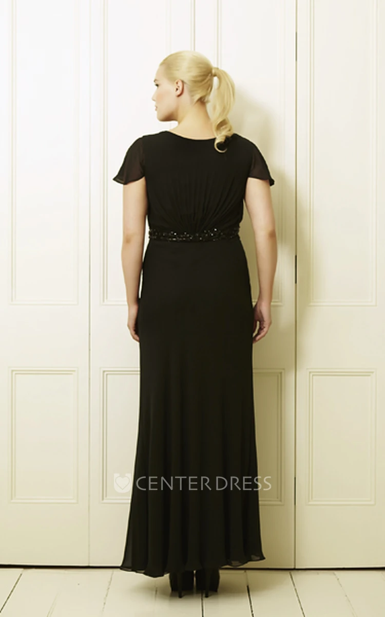 Ankle-Length Beaded Poet-Sleeve Scoop-Neck Chiffon Plus Size Prom Dress With Draping