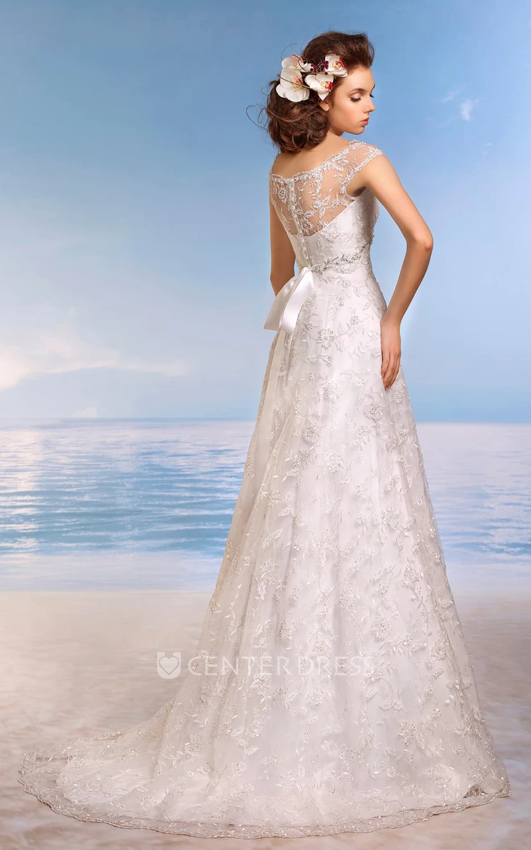 A-Line Floor-Length Scoop Cap-Sleeve Empire Illusion Lace Dress With Beading And Appliques