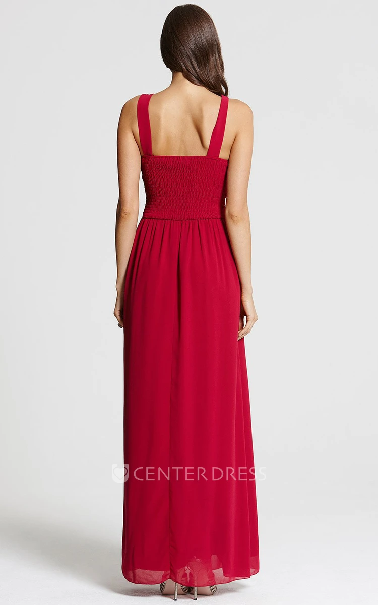 Ankle-Length High Neck Sleeveless Ruched Chiffon Bridesmaid Dress With Straps