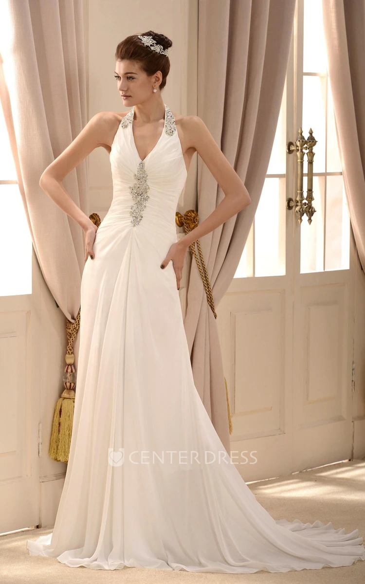 Elegant Chiffon A-line Halter Floor Length Wedding Gown