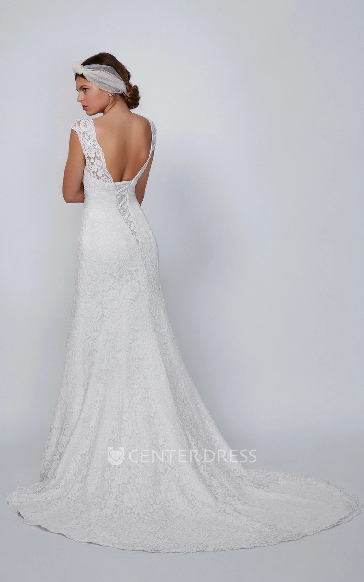 Sheath V-Neck Appliqued Floor-Length Cap-Sleeve Lace Wedding Dress
