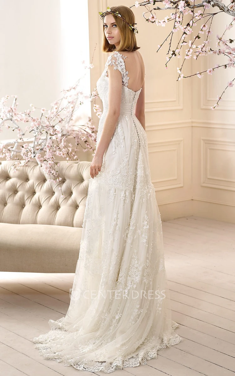 Sheath Long Cap-Sleeve Appliqued Lace Wedding Dress With Pleats