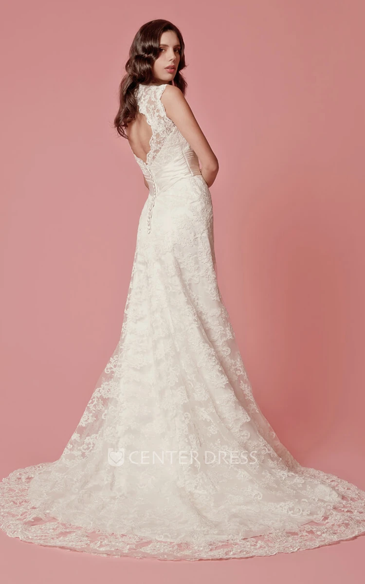 Sleeveless A-Line Lace Wedding Dress With Scalloped Neckline