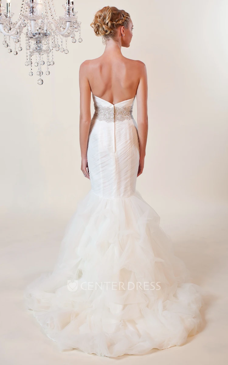 Mermaid Sweetheart Jeweled Tulle Wedding Dress With Criss Cross And Ruffles