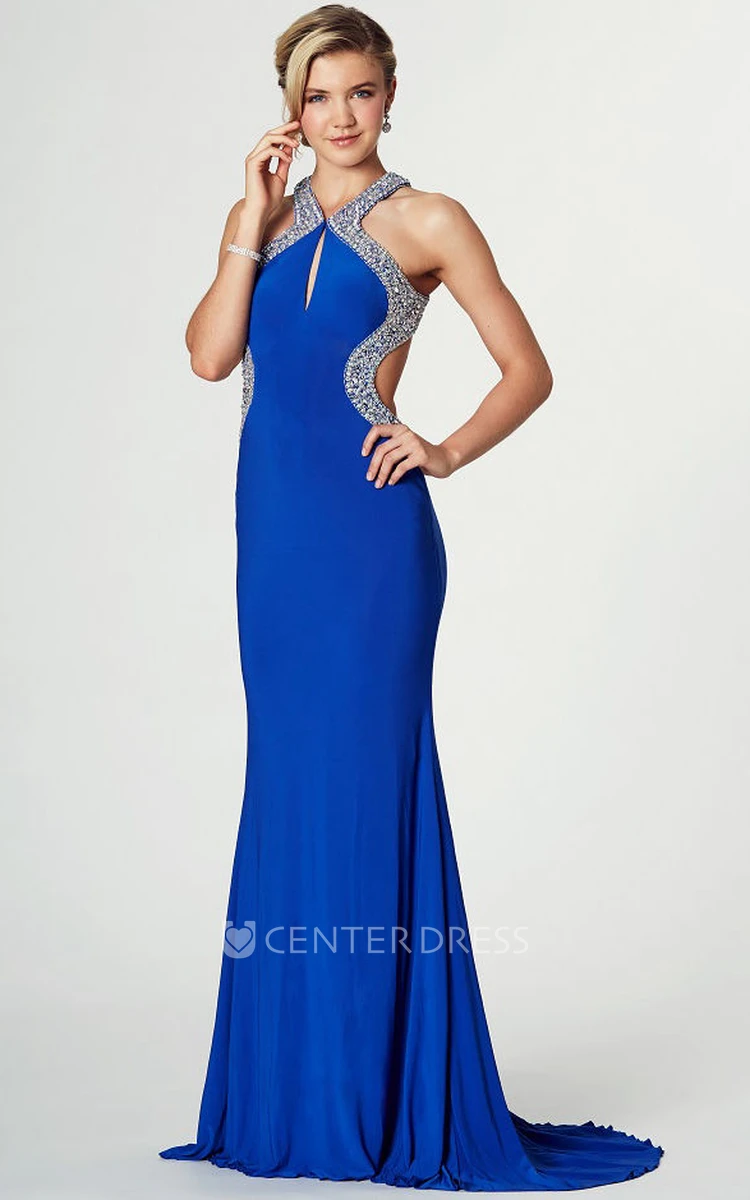 Beaded Sleeveless Strapped Jersey Prom Dress With Brush Train