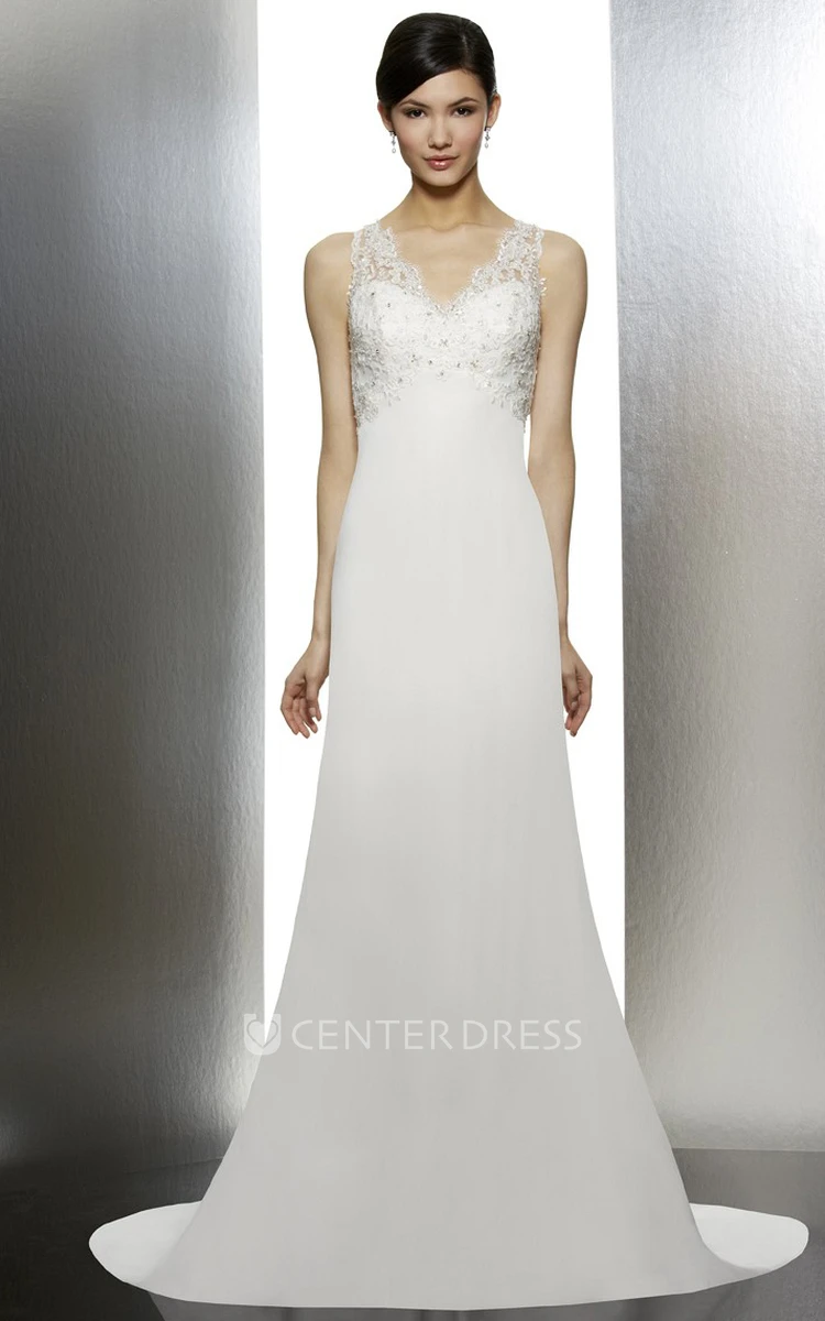A-Line Lace Maxi V-Neck Sleeveless Wedding Dress With Beading And Illusion Back