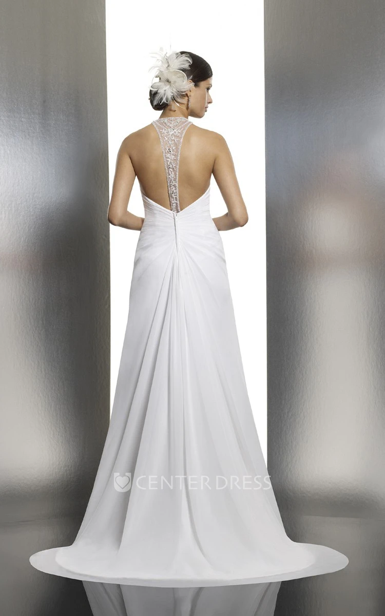 A-Line Maxi Strapless Ruched Sleeveless Chiffon Wedding Dress With Sweep Train