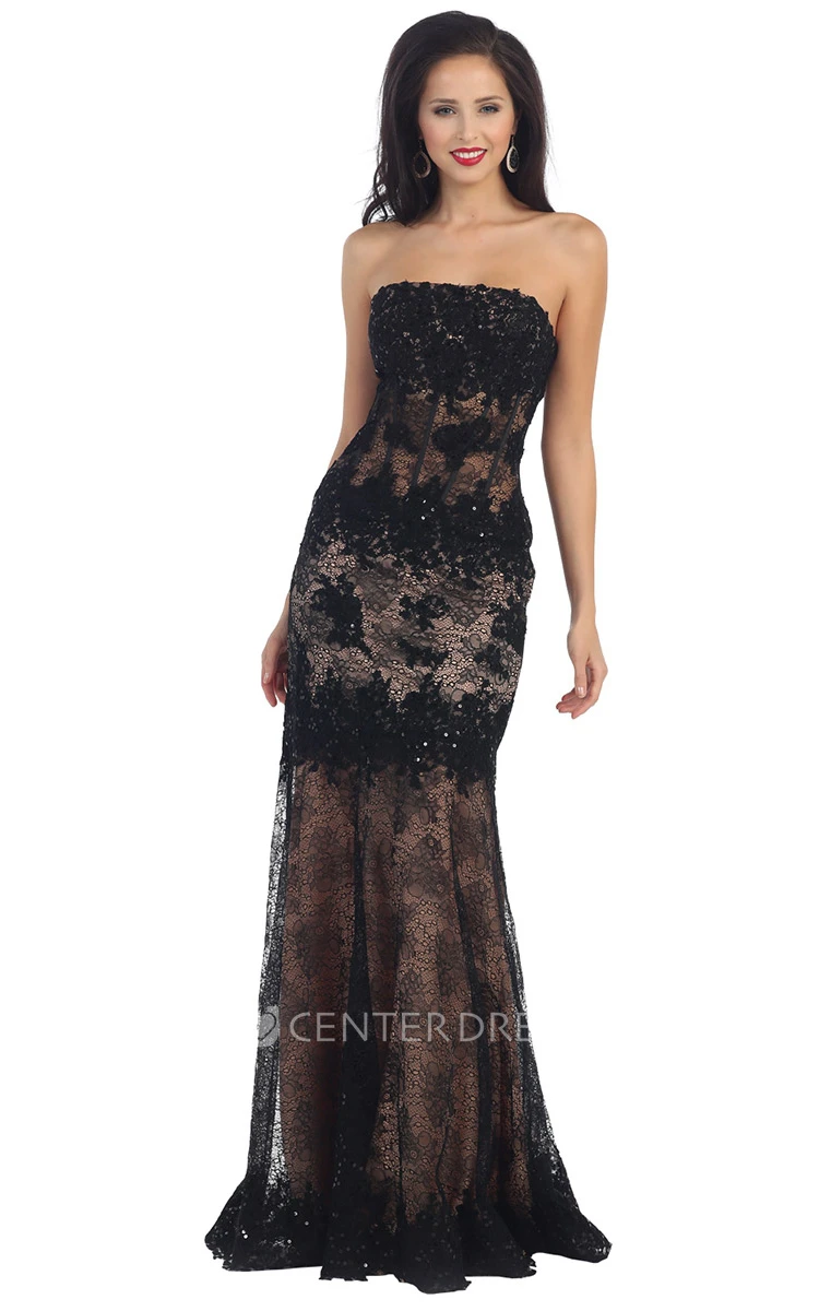 Sheath Strapless Sleeveless Lace Dress With Appliques And Pleats