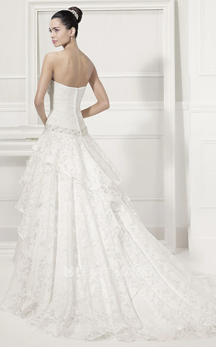 Ruched Strapless Top Layered Lace Bridal Gown With Crystal Drop Waist