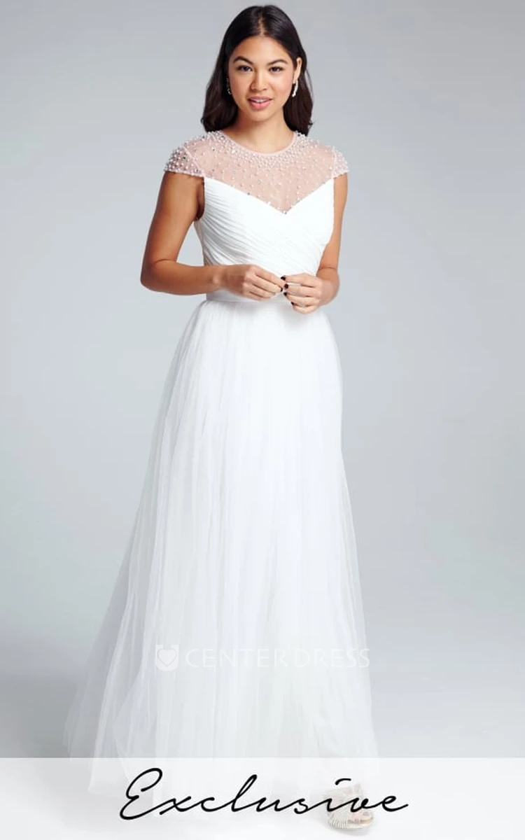 Cap Sleeve Ruched Scoop Neck Tulle Bridesmaid Dress