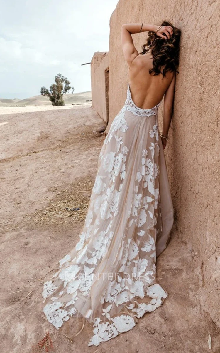 Boho Lace Vintage A-Line Floor-length Halter Wedding Dress Beach Sleeveless Open Back Flowers Lace Bridal Gown