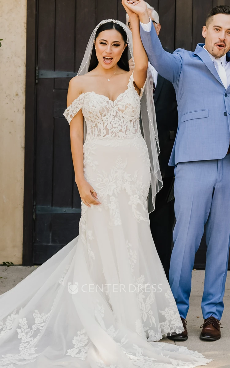 Elegant Mermaid Lace Delicate Applique Off-Shoulder Sweetheart Corset Back  Wedding Dress - UCenter Dress