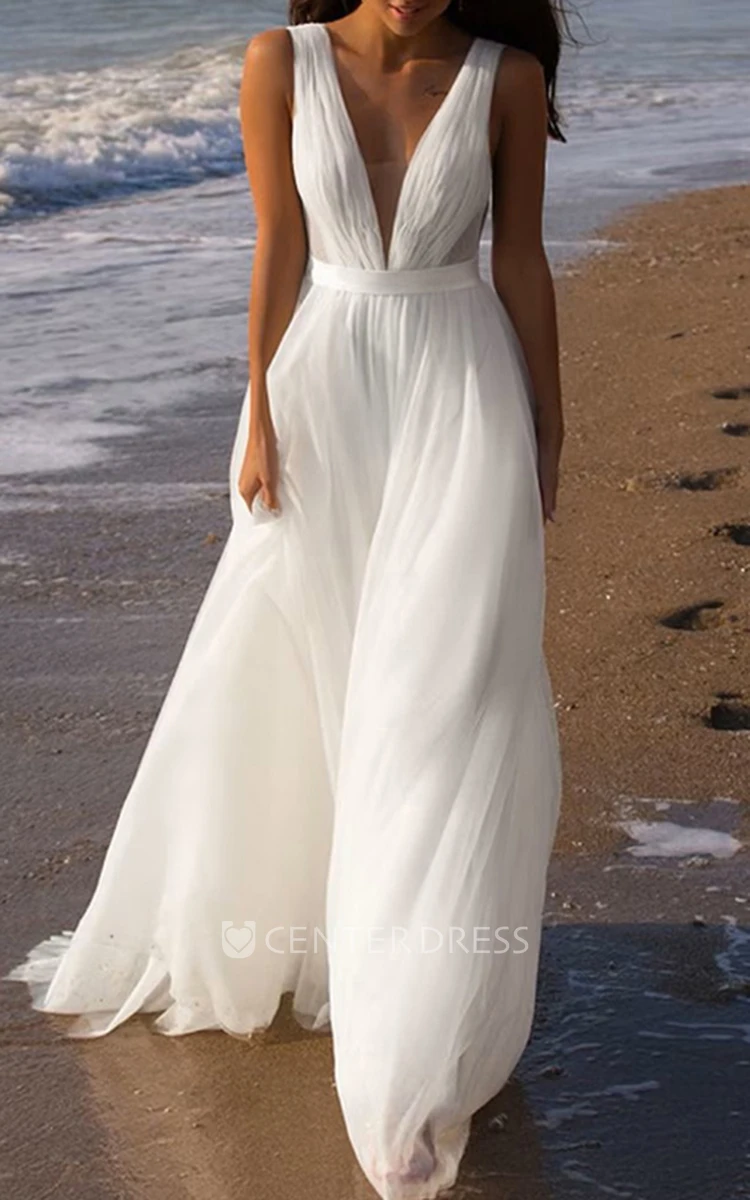 Beach Garden Elegant A-Line Wedding Dress Sexy Elopement Plunging Neckline Tulle Gown