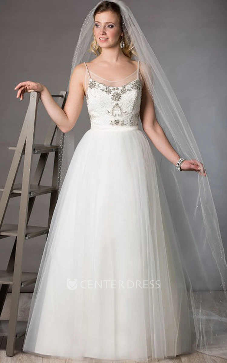 Spaghetti Straps Tulle Bridal Ball Gown With Crystal Top