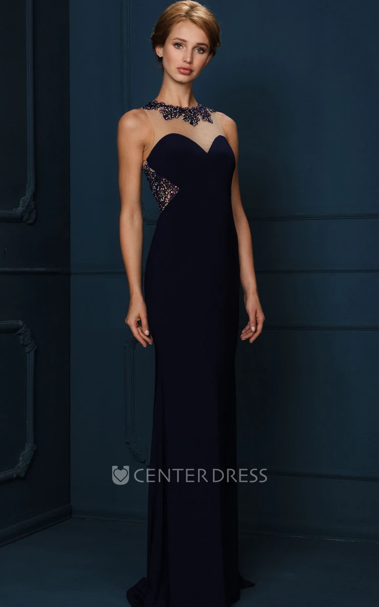 Sheath High-Neck Sleeveless Floor-Length Crystal Jersey Evening Dress